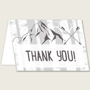 Biglietti di ringraziamento bianchi grigi stampabili, Adventure Mountain Baby Shower Note di ringraziamento, Boy Shower Grazie piegato, Download istantaneo, S67CJ