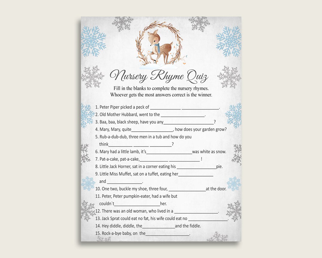 Winter Deer Nursery Rhyme Quiz Printable Gray Blue Nursery Etsy