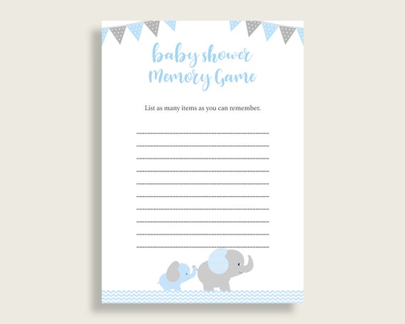 Elephant Baby Shower Memory Game Blue Grey Memory Guessing Etsy