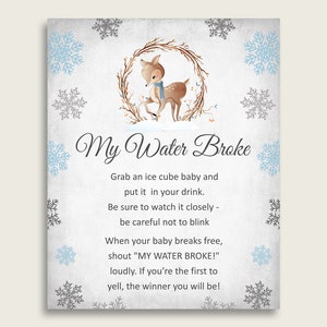 Winter Deer Baby Shower My Water Broke Game Printable, Gray Blue Ice Cube Babies Game, Boy Baby Shower Frozen Babies Game Sign 8x10 Z20R3