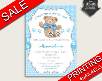 May include: A blue and white baby shower invitation featuring a teddy bear wearing a blue bow tie. The invitation reads "A Baby Boy is on the Way!" and provides details of the shower, including the date, time, location, and RSVP information.