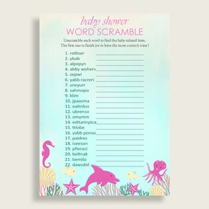 Girl Baby Shower Word Scramble Game Printable, Cute Under The Sea Pink Green Word Scramble, Funny Activity, Instant Download, uts01