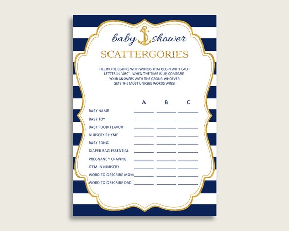 Scattergories Baby Shower Anchor Theme, Blue Gold Scattergories Game Printable, Boy Baby Shower Fun Activity, Cute Nautical Navy Gold NTDD8 Il_570xn