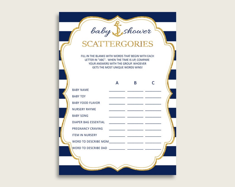 Scattergories Baby Shower Anchor Theme, Blue Gold Scattergories Game Printable, Boy Baby Shower Fun Activity, Cute Nautical Navy Gold NTDD8 image 1