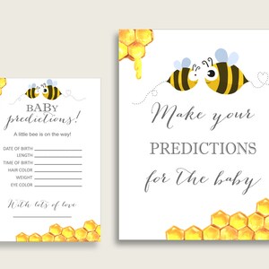 Tarjetas de predicción de baby shower de abejas y signos imprimibles, juego de predicción de bebé blanco amarillo género neutral, descarga instantánea, abeja linda bee01