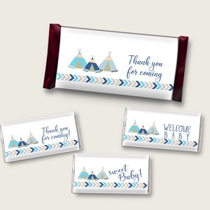 Tribal Teepee Hershey Candy Bar Wrapper Printable, Blue Beige Chocolate Bar Wrappers, Boy Shower Candy Labels, Instant Download, KS6AW