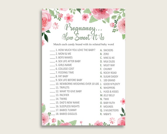 Pink Green Pregnancy How Sweet It Is Game, Watercolor Flowers Baby Shower Girl, Printable Candy Bar Match Game, Instant Download, flp01 Il_570xn