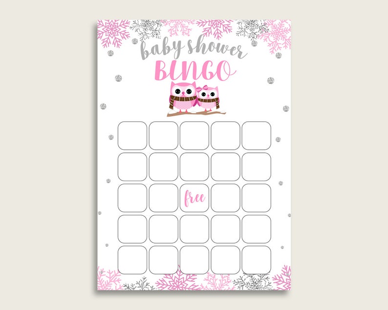 Pink Gray Baby Shower Bingo Blank Game Printable Winter Owl Etsy