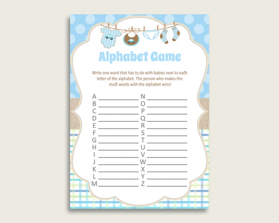 Blue Beige Alphabet Baby Shower Boy Game Clothes A Z Guessing Baby
