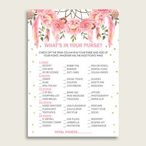 Dreamcatcher What&#39;s In Your Purse Game Printable, Pink Gold Whats In Your Purse, Girl Baby Shower Purse Game, Instant Download, I60OO