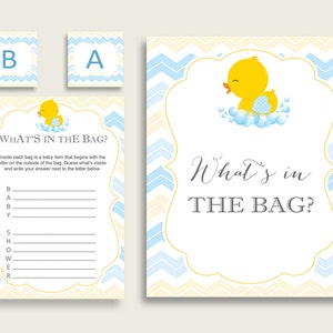 Rubber Duck Baby Shower What&#39;s In The Bag Game, Yellow Blue Boy Bag Game Printable, Instant Download, Ducky Duck Daisy Duck rd002
