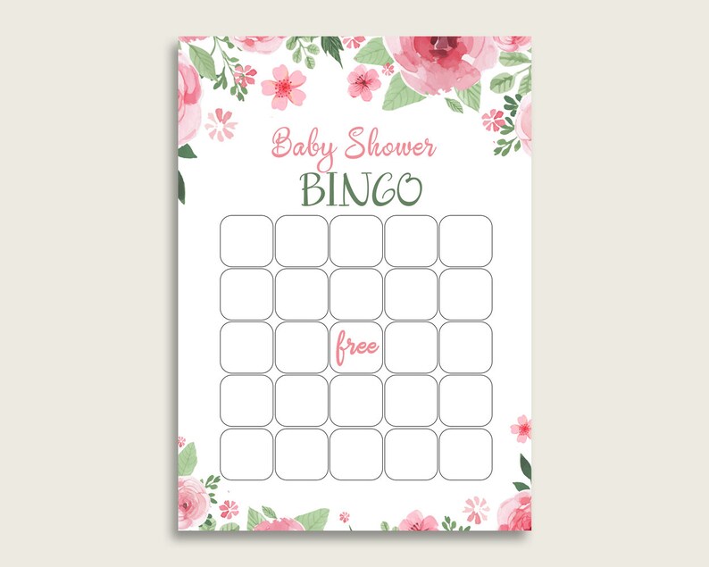 K&ouml;nnte beinhalten: Eine druckbare Babyparty-Bingo-Karte mit einem floralen Design mit rosa Blumen und gr&uuml;nen Bl&auml;ttern. Die Karte hat ein 5x5-Raster mit dem Wort "free" im mittleren Feld. Der Text "Baby Shower Bingo" befindet sich oben auf der Karte.