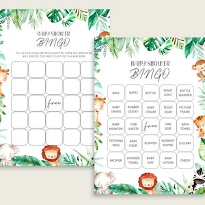 Safari Baby Shower Bingo, cartões pré-preenchidos de bingo para impressão, chá de bebê de gênero neutro, download de 100 cartões de jogo de bingo, bsg01
