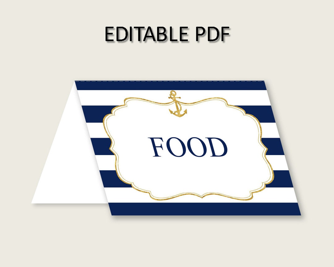 Anchor Folded Food Tent Cards Printable, Blue Gold Editable Pdf Buffet ...