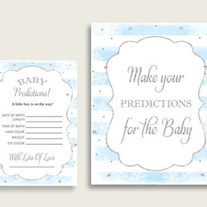 Cartes de prédiction de douche de bébé hiver & signe imprimable, Silver Blue Baby Prediction Game Boy, téléchargement immédiat, rayures flocons de neige bs003