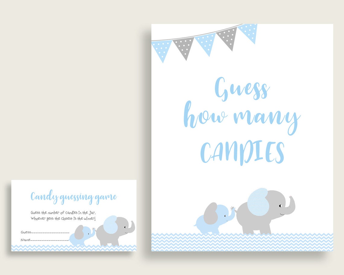 Blue Grey Candy Guessing Game, Elephant Baby Shower Boy Sign and Cards ...