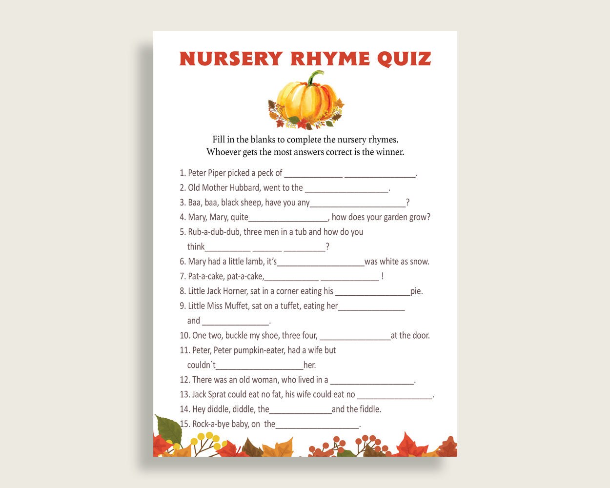 Fall Nursery Rhyme Quiz Printable Orange Brown Nursery Rhyme - Etsy