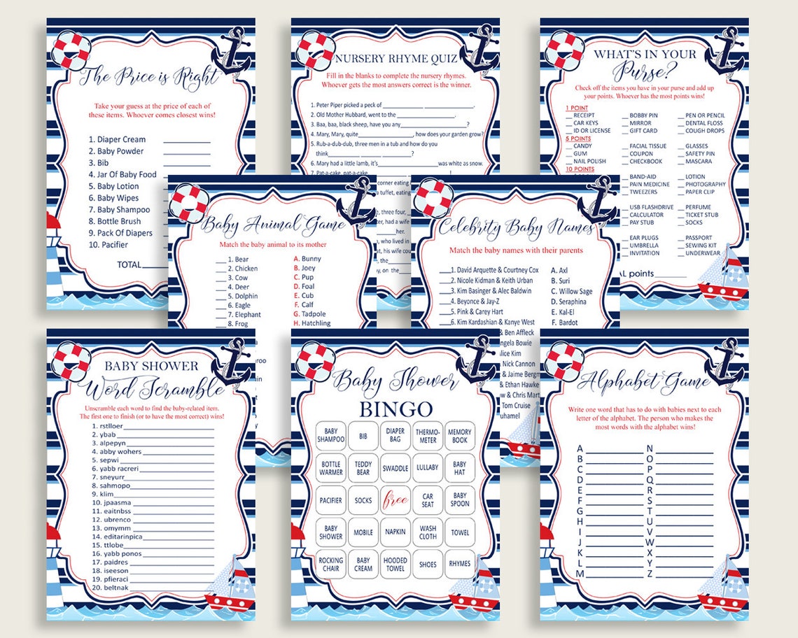 Nautical Baby Shower Games Printable Pack, Blue Red Baby Shower Games