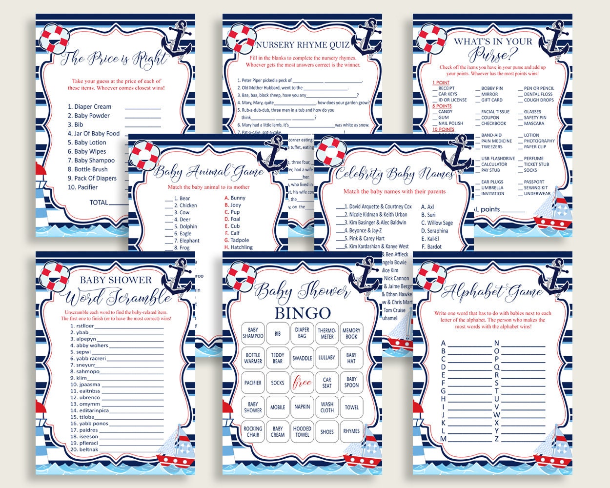 Nautical Baby Shower Games Printable Pack Blue Red Baby - Etsy