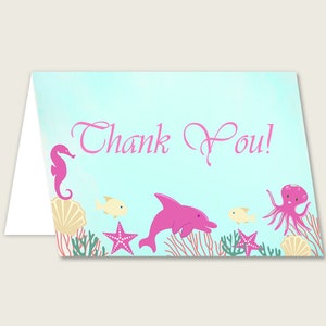 Biglietti di ringraziamento rosa verde stampabili, sotto il mare Baby Shower note di ringraziamento, ragazza doccia grazie piegato, download istantaneo, uts01