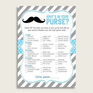 Mustache What's In Your Purse Game Printable, Blue Gray Whats In Your Purse, Boy Baby Shower Purse Game, Instant Download, 9P2QW