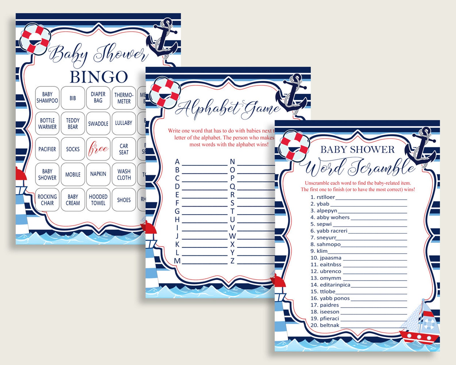 Nautical Baby Shower Games Printable Pack Blue Red Baby | Etsy