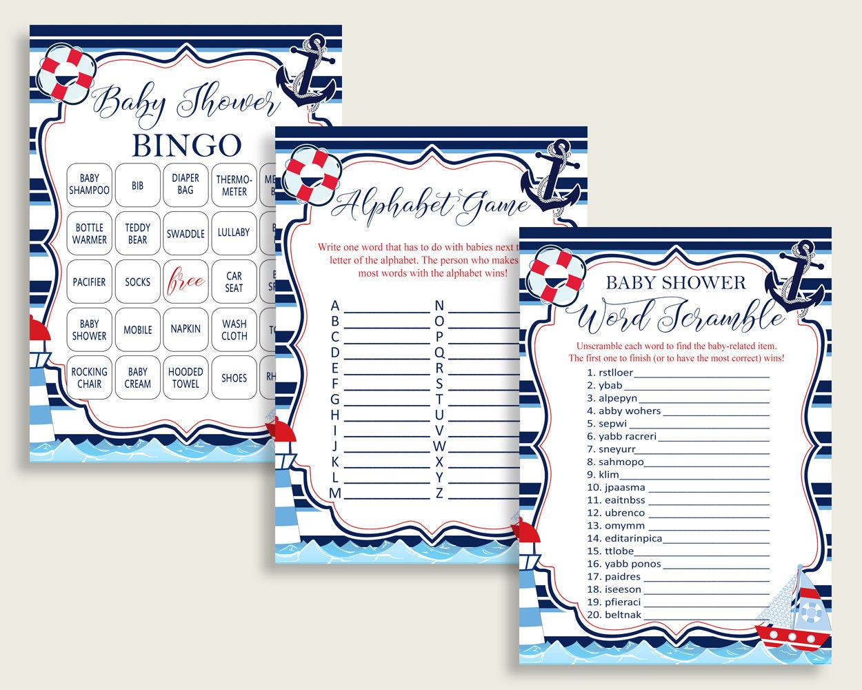 Nautical Baby Shower Games Printable Pack Blue Red Baby - Etsy