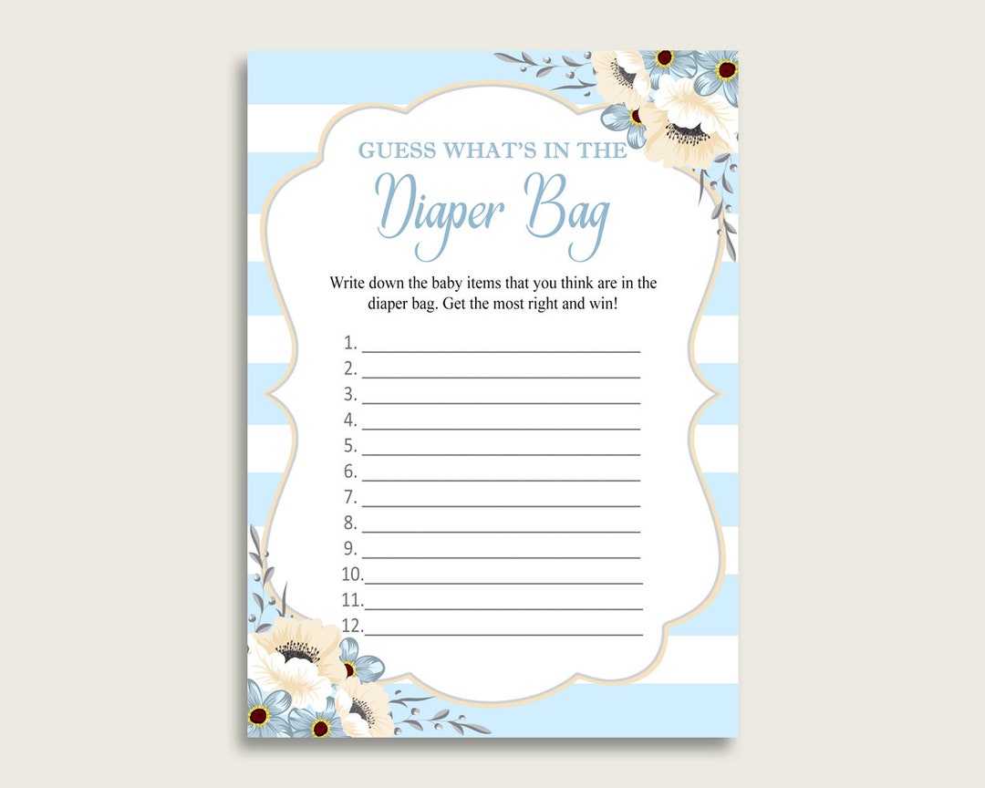 Stripes Guess What's in the Diaper Bag Game, Boy Baby Shower Blue White