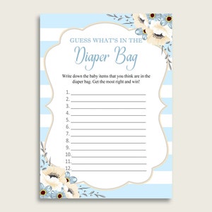 Stripes Guess What&#39;s In The Diaper Bag Game, Boy Baby Shower Blue White Diaper Game Printable, Instant Download, Flowers Striped, bs002
