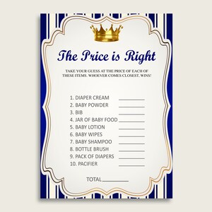 Jogo Blue Gold The Price Is Right, Royal Prince Baby Shower Boy Activity, Jogo Adivinhe o Preço para impressão, download instantâneo, King Crown rp001