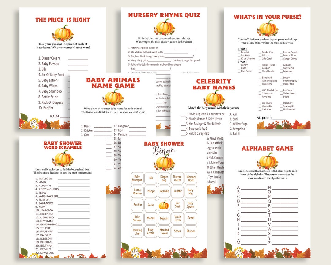 Fall Baby Shower Games Printable Pack, Orange Brown Baby Shower Games ...