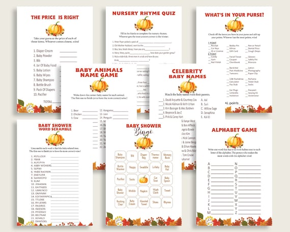 Fall Baby Shower Games Printable Pack, Orange Brown Baby Shower Games Package Gender Neutral, Pumpkin Games Bundle Set, Instant BPK3D Il_570xn