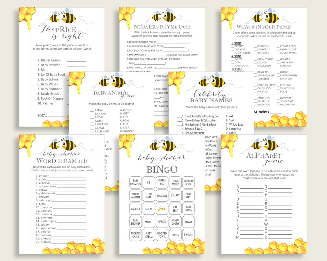 Bee Baby Shower Games Printable Pack Yellow White Baby Shower - Etsy