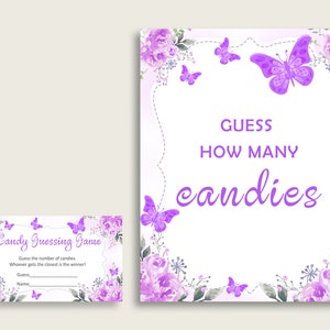 Paars wit snoep raadspel, vlinder baby shower meisje teken en kaarten, raad eens hoeveel snoepjes, snoeppot spel, Jelly Beans 7AANK