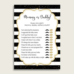 Black Gold Mommy Or Daddy Baby Shower Gender Neutral Game Printable, Stripes Guess Who Said It, He Said She Said, Instant Download, bs001