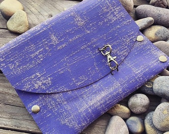 Hand-Painted Textured Purple Leather Clutch / Leather Hand Bag