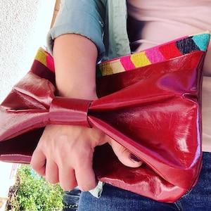 Handmade Red Leather Clutch with Rainbow Lining & Red Leather Bow / Leather Handbag / Pride Bag