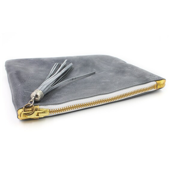 Distressed Grey Leather Cosmetic Bag/ Leather Clutch With Tassel