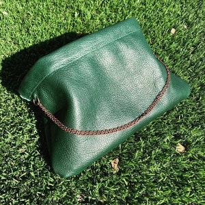 Green Leather Snap Frame Chain Clutch / Leather Handbag / Evening Purse
