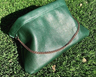 Green Leather Snap Frame Chain Clutch / Leather Handbag / Evening Purse