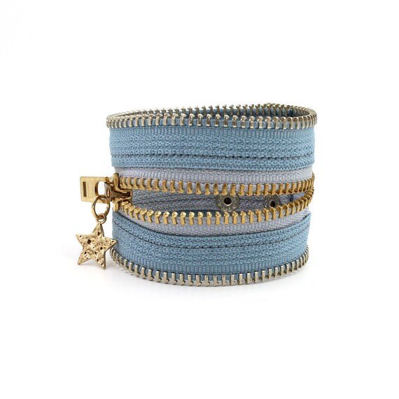 Baby Blue Stars Zipper Bracelet. Gold Teeth. Star Charm. Etsy