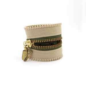 Khaki Kamikaze Zipper Bracelet / Beige and Olive Green Bracelet with Heart Key Charm