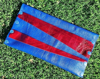 Retro Royal Blue Leather Clutch with Snap Frame/ Leather Handbag / Evening Purse