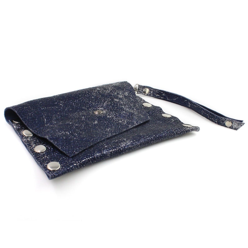Midnight Blue Silver Foil Leather Clutch Wristlet Navy Evening Bag
