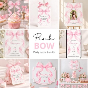 May include: A party decor bundle featuring a pink bow theme, including a cupcake topper, thank you tags, a welcome sign with a photo, birthday invitations, and signage with the text Emma is turning 6, June 14, 15 PM.