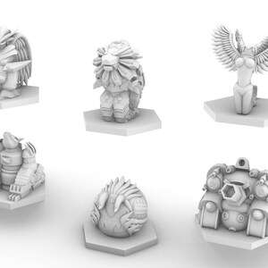 May include: Six white, detailed, miniature figurines of mythical creatures. Each figurine is posed on a hexagonal base. The creatures include a lion, a bird, a dragon, a turtle, a phoenix, and a creature with a round body and spiky hair.