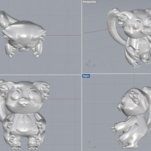 以下が含まれることがあります： 大きな目、広い口、長い尻尾を持つ漫画の生き物の3Dプリントモデル。モデルは、上から、正面、右、そして透視図など、複数の角度から表示されています。