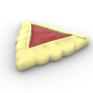 May include: A triangular pastry with a yellow crust and a red filling. The pastry is shaped like a triangle and has a slightly raised edge.