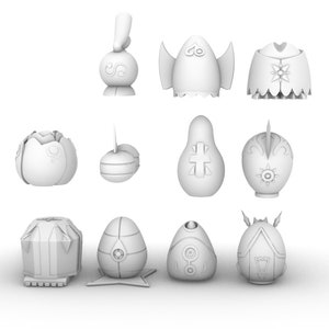 May include: A set of 12 white ceramic egg-shaped ornaments with various designs, including a crown, a star, and a cross. The ornaments are all white and have a smooth, glossy finish.