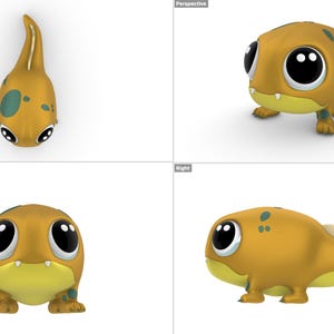 Pu&ograve; includere: Un modello 3D di un girino giallo con grandi occhi neri e macchie verdi. Il girino &egrave; mostrato da diverse angolazioni, tra cui viste dall'alto, frontale, destra e in prospettiva.